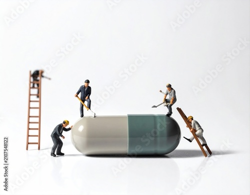 Miniature construction workers building a giant medicine capsule symbolizing pharmaceutical industry and drug development.