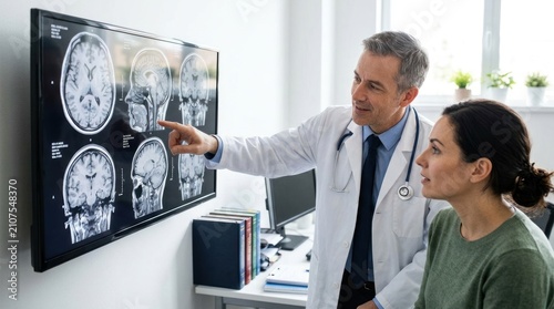 A doctor, a middle-aged man with graying hair, is explaining a brain MRI scan to a young woman. The doctor, wearing a white coat and stethoscope, points to the images on a large screen.