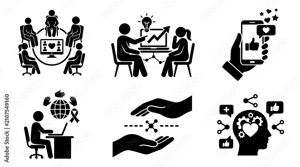Obraz premium Icons of Collaboration and Social Connection: A collage of simple, stylized icons representing teamwork, business meetings, social media engagement, global awareness, helping hands, and ideas.
