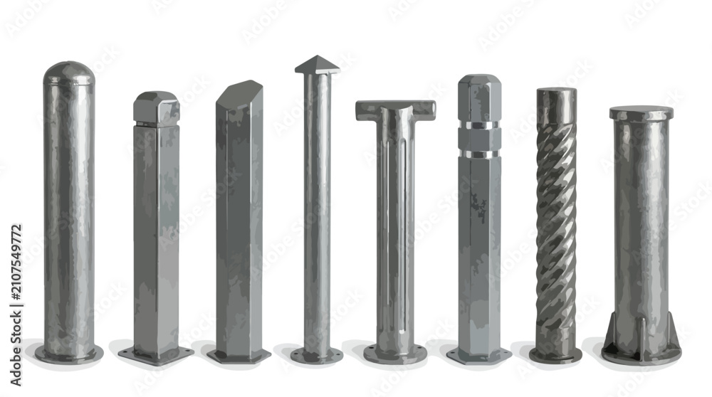 Obraz premium Industrial steel bollards set, metal security posts for traffic control, stainless steel parking barriers and urban street furniture vectors