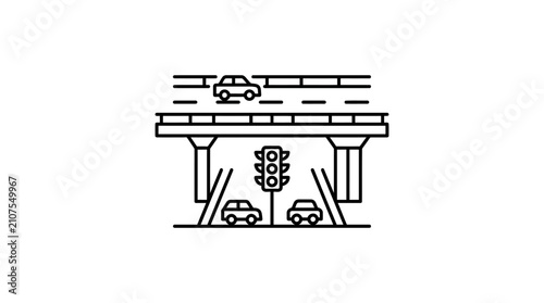 A simple line art illustration of a multi-level road system with traffic lights and cars.