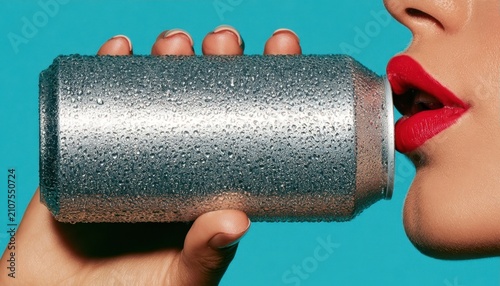 Woman with red lips drinking from a cold silver aluminum can covered in water droplets