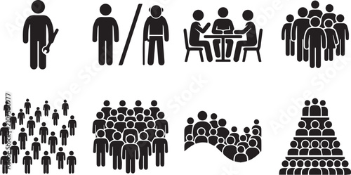 Set of black stick figure showing people in various social arrangements, including meetings, crowds, and tiered group formations