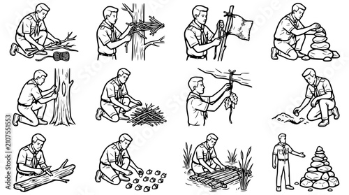 Foto Scout Boy Skills: Outdoor Activities and Survival Training Collage - Line Art