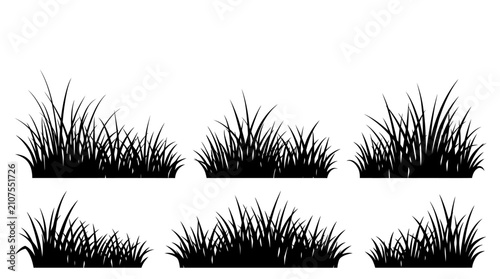 CAD tree lines,  grass Black grass silhouette set of 6 vector elements, meadow plant tufts and lawn turf borders, botanical field greenery for landscape design vector