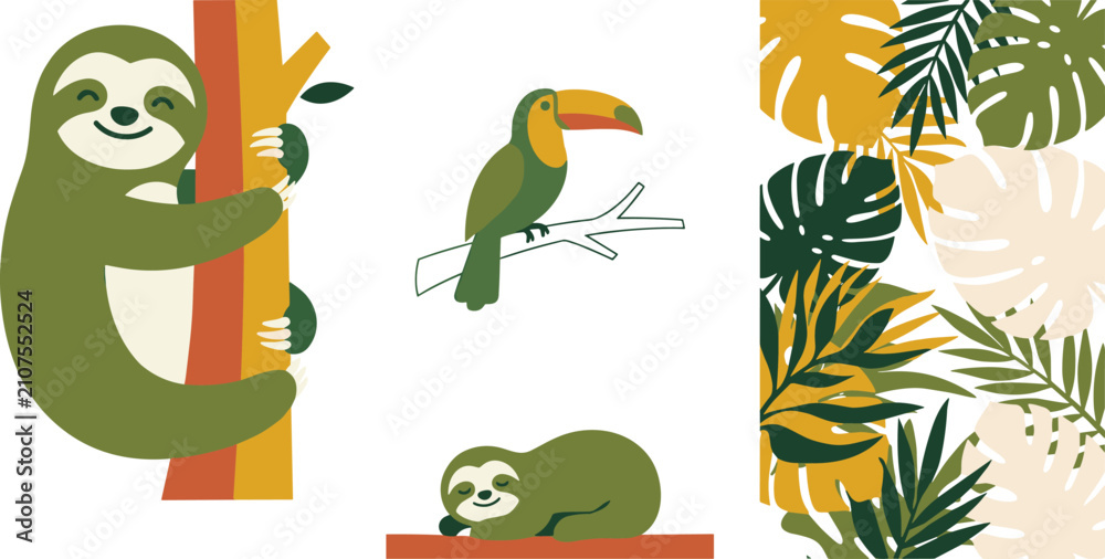 Fototapeta premium Tropical Jungle Vector Set with Cute Cartoon Sloth Toucan Bird and Seamless Monstera Palm Leaf Pattern Wallpaper