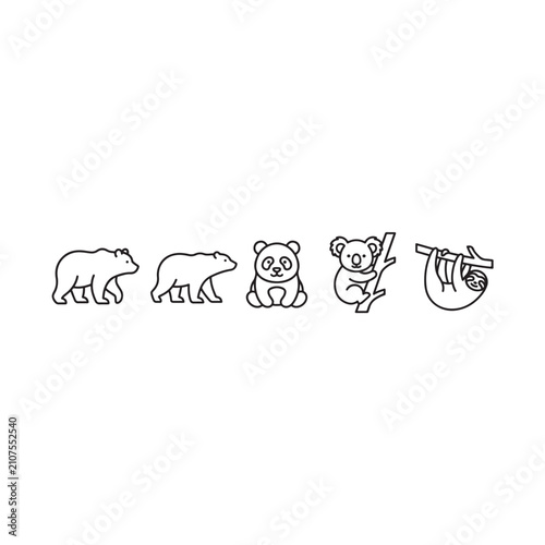 Photography Minimalist animal line icons set, cute wild bear panda koala and sloth vector il