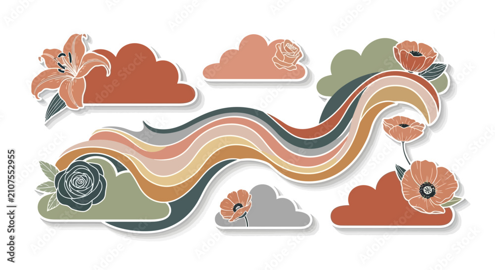 Obraz premium Retro aesthetic sticker set with wavy lines, clouds, and flowers in muted terracotta and olive tones