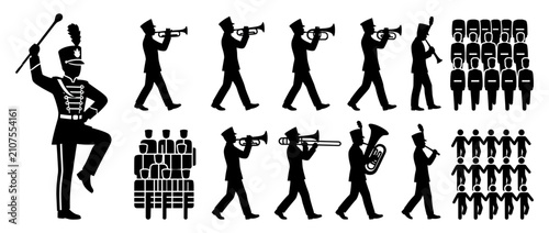 Bild auf Leinwand Marching Band Silhouettes: Musicians and Drum Major
