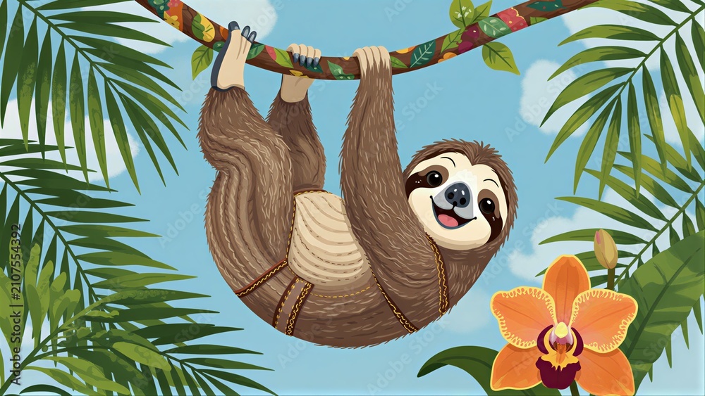 Fototapeta premium A happy sloth hangs from a vine in a vibrant jungle with flowers and leaves.