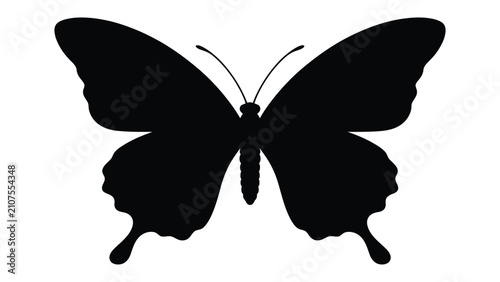 Foto Swallowtail butterfly silhouette features an elegant black shape with extended lower wing tips set against a clean white backdrop for artistic compositions