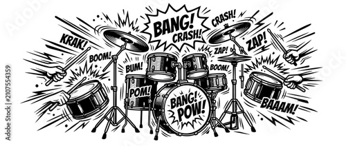 Canvas Print Drum Kit with Sound Effects in Comic Style