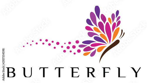 Принти на полотні Butterfly logo features vibrant purple and orange wing patterns with a trailing particle effect