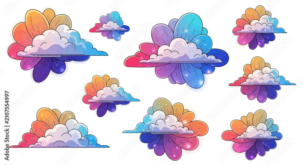 Obraz premium Colorful and whimsical fantasy clouds sticker set with vibrant abstract floral petal shapes and cute fluffy cumulus formations in a magical sky design