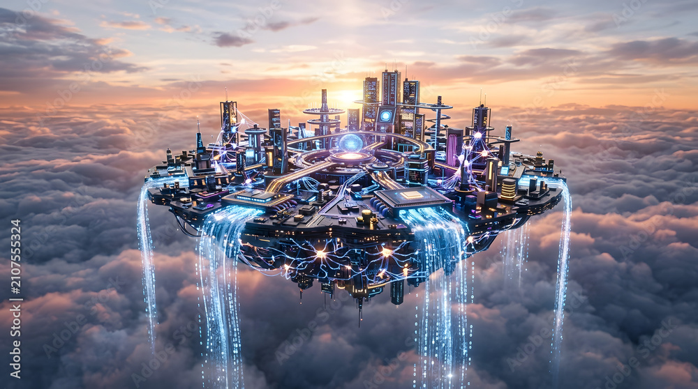 Fototapeta premium Futuristic floating city in the clouds with glowing data waterfalls and advanced technological structures at sunset