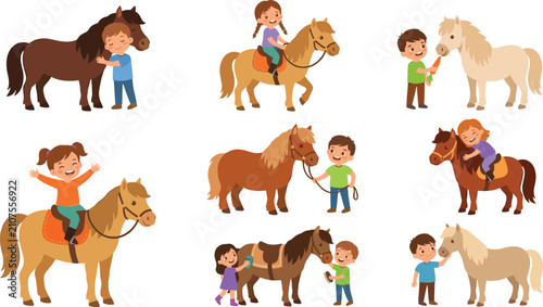 A collection of happy children riding grooming feeding carrot and hugging cute little ponies cartoon characters vector illustration set