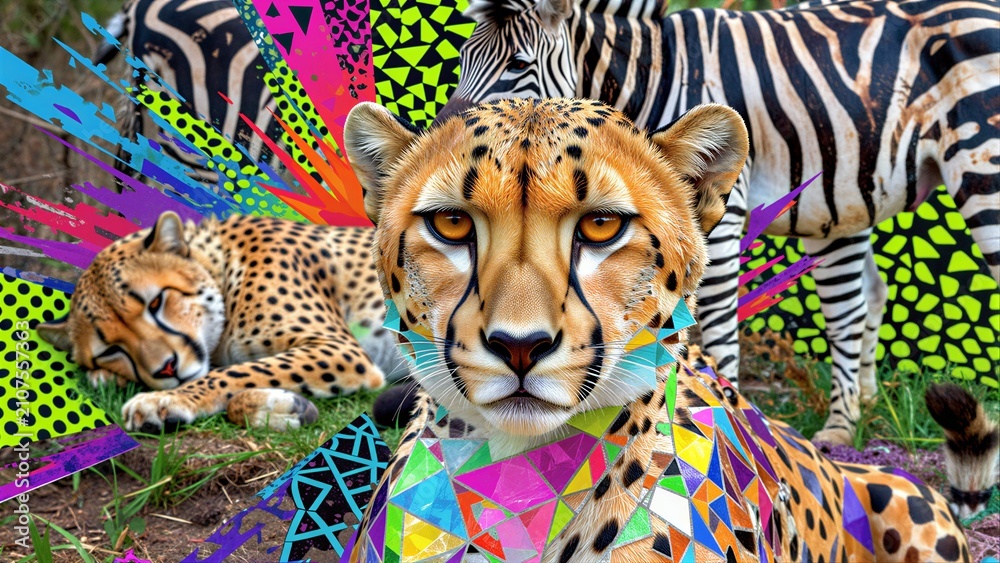 Obraz premium Cheetahs with vibrant geometric patterns, zebras in background, colorful abstract overlays.