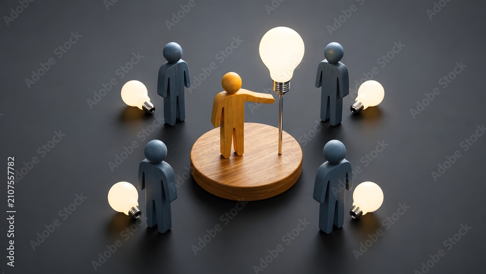 Obraz premium Leadership innovation concept with golden figure holding glowing lightbulb presenting visionary ideas to a team of followers