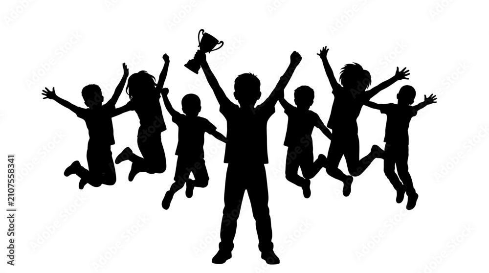 Obraz premium Silhouette of joyful children celebrating victory with a trophy cup, jumping together in success and happiness against a white background