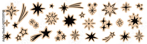 Star paper sticker sketch set. Scrapbook collage paper sticker sketch vintage texture journal note cutout. Handmade glitter newspaper magazine grunge cute background. Vector illustration
