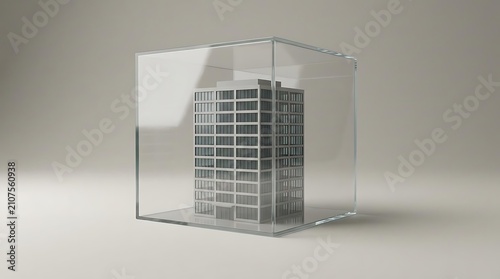 A 3d architectural model of a modern building encased in a glass cube representing the additional insured class prompt engineer concept.