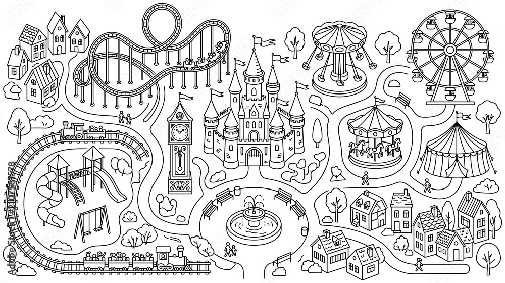 Fototapeta premium Amusement park map coloring page with roller coaster and kids playground.