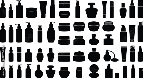 Collection of various cosmetic container silhouettes for beauty products skincare and perfume with cosmetics skincare containers silhouette collection