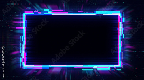 Glowing neon digital frame with glitch effect and abstract light streaks in a dark cyber background