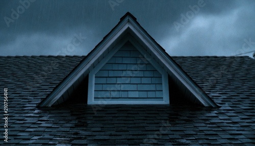 Low angle view of a house roof with a gable end against a dark overcast sky