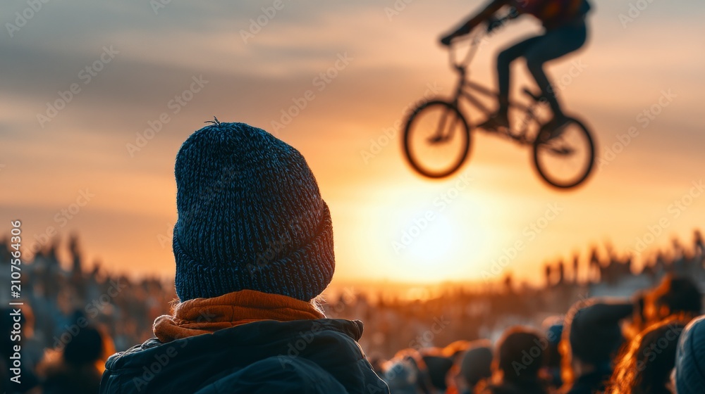 Obraz premium BMX Rider Performing Tricks Against a Stunning Sunset in Front of an Enthusiastic Audience