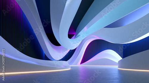 Centered Architectural Composition Featuring Futuristic Interior with Flowing Curved Arches and Blue Purple Neon Lighting