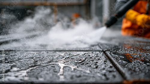 Modern Manufacturing Scene with High Pressure Steam Cleaner Washing Wet Outdoor Stone Pavement