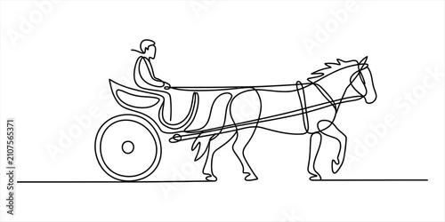Foto Continuous single line drawing of a person riding a horse and carriage with a dr
