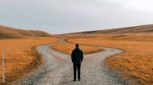Man in dark jacket standing at fork in rural dirt road amid golden grassy hills under cloudy sky
