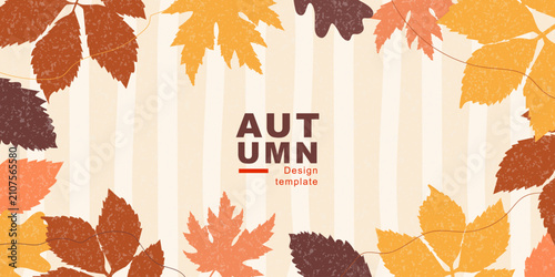 Autumn background banner with textured fall leaves on a vertical striped beige background. Horizontal vector template for Thanksgiving header, harvest festival, or seasonal autumn sale.
