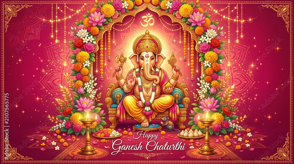 Fototapeta premium Festival of Ganesh Chaturthi with golden shiny Lord Ganesha patterned and crystals on paper color Background