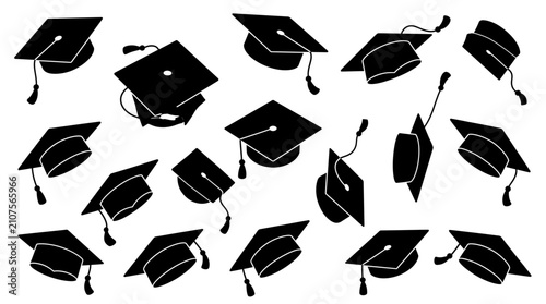 Bild auf Leinwand Graduation cap silhouettes for academic success celebration and higher education
