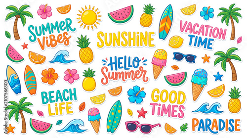 Cuadro en lienzo Colorful collection of hand-drawn summer vacation elements and inspiring phrases