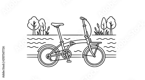 Minimalist folding bicycle illustration on a background of trees and water