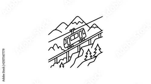 Cuadro en lienzo Funicular Train Ascending Mountainous Landscape Line Art