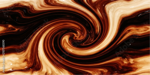 An abstract swirling pattern of rich brown and creamy white liquids creates a mesmerizing visual texture, evoking the decadent richness of chocolate and cream.