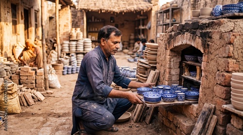 Indian potter loading traditional blue glazed ceramic pottery into a brick kiln