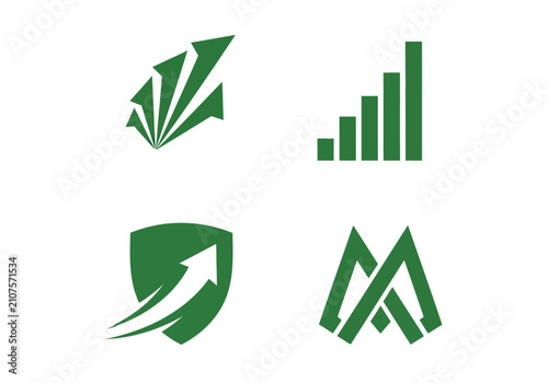 Green financial growth logo collection featuring upward arrows bar charts and shield icon