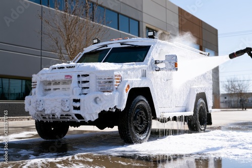 Armored vehicle getting washed with foam spray on a sunny day near a modern building