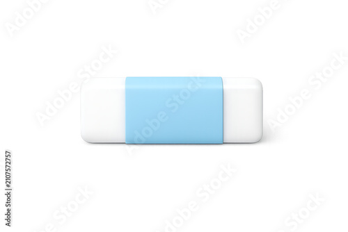 Minimal 3D White Eraser with Light Blue Paper Sleeve isolated on a transparent background.