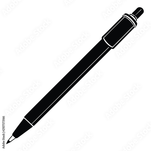Black ballpoint pen with pointed tip and cap