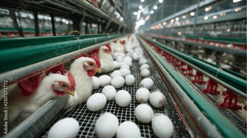White hens laying eggs in a fully automated industrial egg production facility with modern poultry farming system, commercial laying hen cages, efficient egg collection process, large-scale agricultur