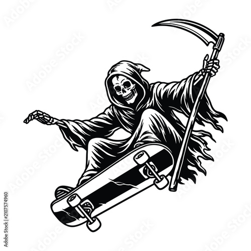 Grim Reaper Skateboarding Vector Line Art Illustration