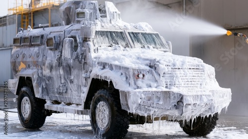 Industrial Vehicle Covered in Foam While Being Cleaned at Facility with Heavy Duty Equipment
