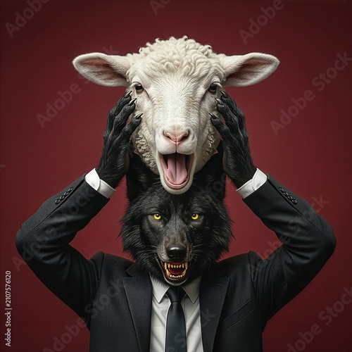 Wolf in Sheep Clothing Concept Businessman Wearing Sheep Mask Revealing Hidden Wolf Identity Deception and Fraud Business Warning